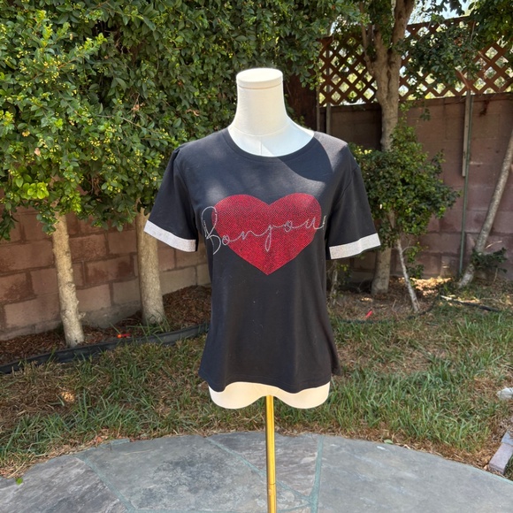 Bonjour S Black Heart Rhinestone Tee Small  Parisian Girly Coquette - Picture 3 of 6